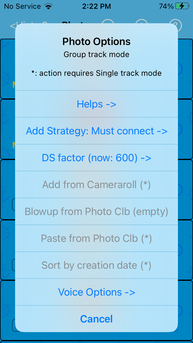Photo Options Menu in group track mode